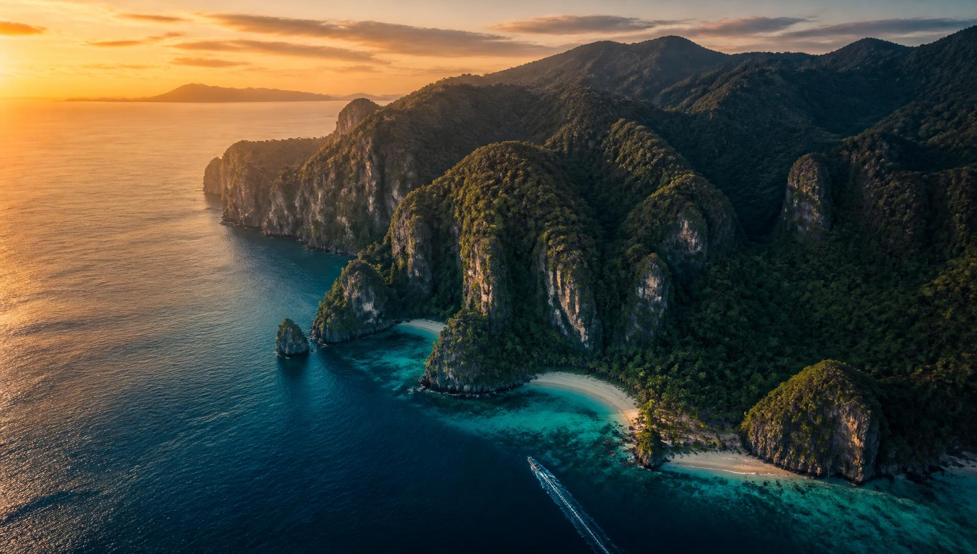 Aerial view of a tropical coastline at sunset